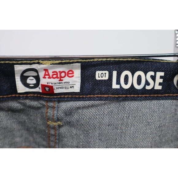 Aape by A Bathing Ape Loose 43X31 Men Indigo Garment Fly Button Camo Back Pocket - Picture 4 of 16